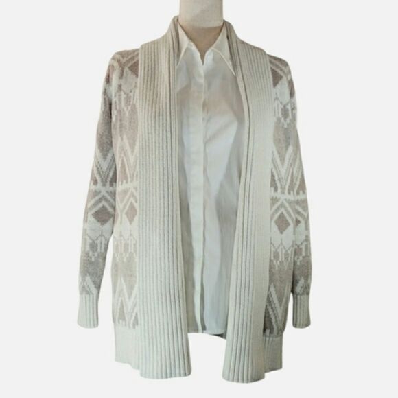 OLD NAVY Fair Isle Shawl Collar Cardi Sweater Cotton Duster Ivory Taupe Size S - Picture 1 of 11